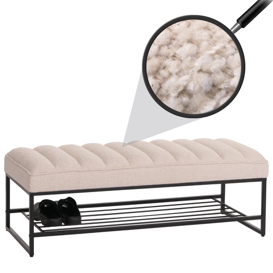 Bank MCW-N68 met schoenenrek, bank gestoffeerd bank garderobe bank schoenenrek, stof chenille metaal 130cm ~ crème-wit