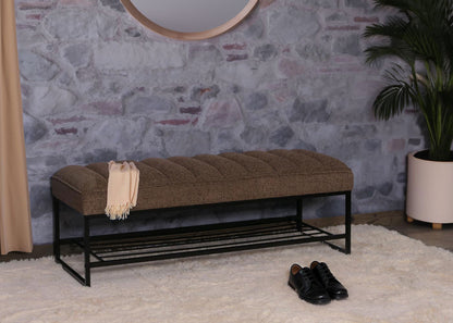 Bank MCW-N68 met schoenenrek, bank gestoffeerd bank garderobe bank schoenenrek, stof chenille metaal 130cm ~ koffie