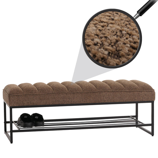 Bank MCW-N68 met schoenenrek, bank gestoffeerd bank garderobe bank schoenenrek, stof chenille metaal 130cm ~ koffie