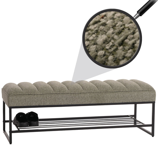 Bank MCW-N68 met schoenenrek, bank gestoffeerd bank garderobe bank schoenenrek, stof chenille metaal 130cm ~ groen