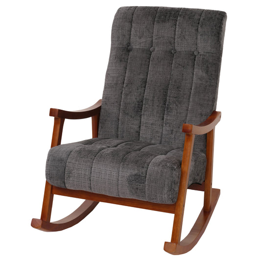 Schommelstoel MCW-K10, relaxfauteuil, hout MVG stof/textiel chenille (465g/m²) ~ donkergrijs, frame walnoot-look