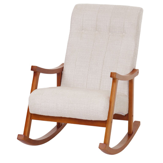 Schommelstoel MCW-K10, relaxfauteuil, hout MVG stof/textiel chenille (465g/m²) ~ crème, frame walnoot-look