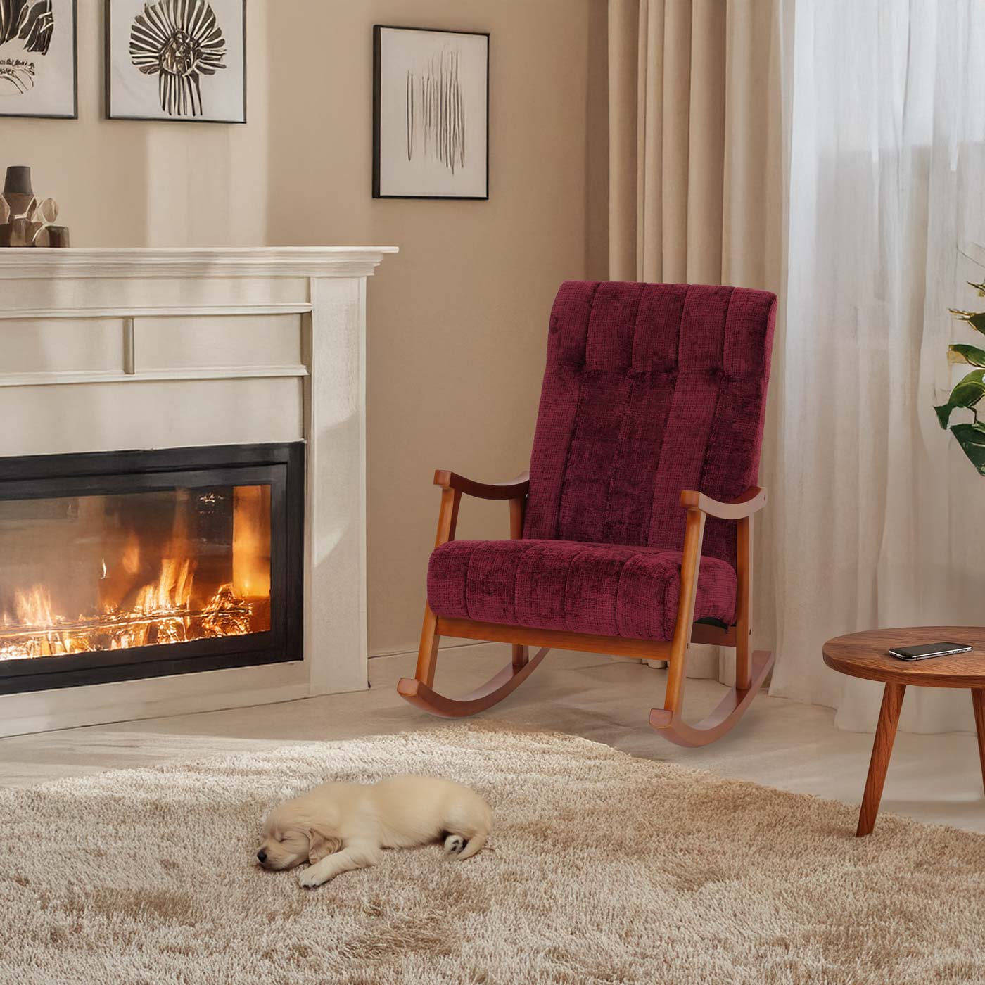 Schommelstoel MCW-K10, relaxfauteuil, hout MVG stof/textiel chenille (465g/m²) ~ bordeaux, frame walnoot-look
