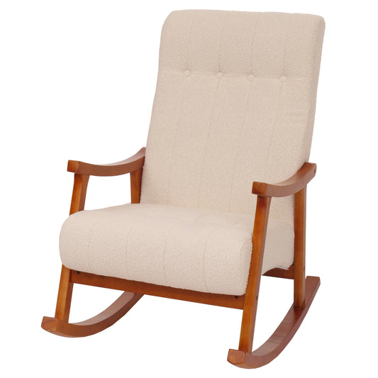 Schommelstoel MCW-K10, relaxfauteuil, hout MVG stof/textiel bouclé (450g/m²) ~ crème, frame walnoot-look