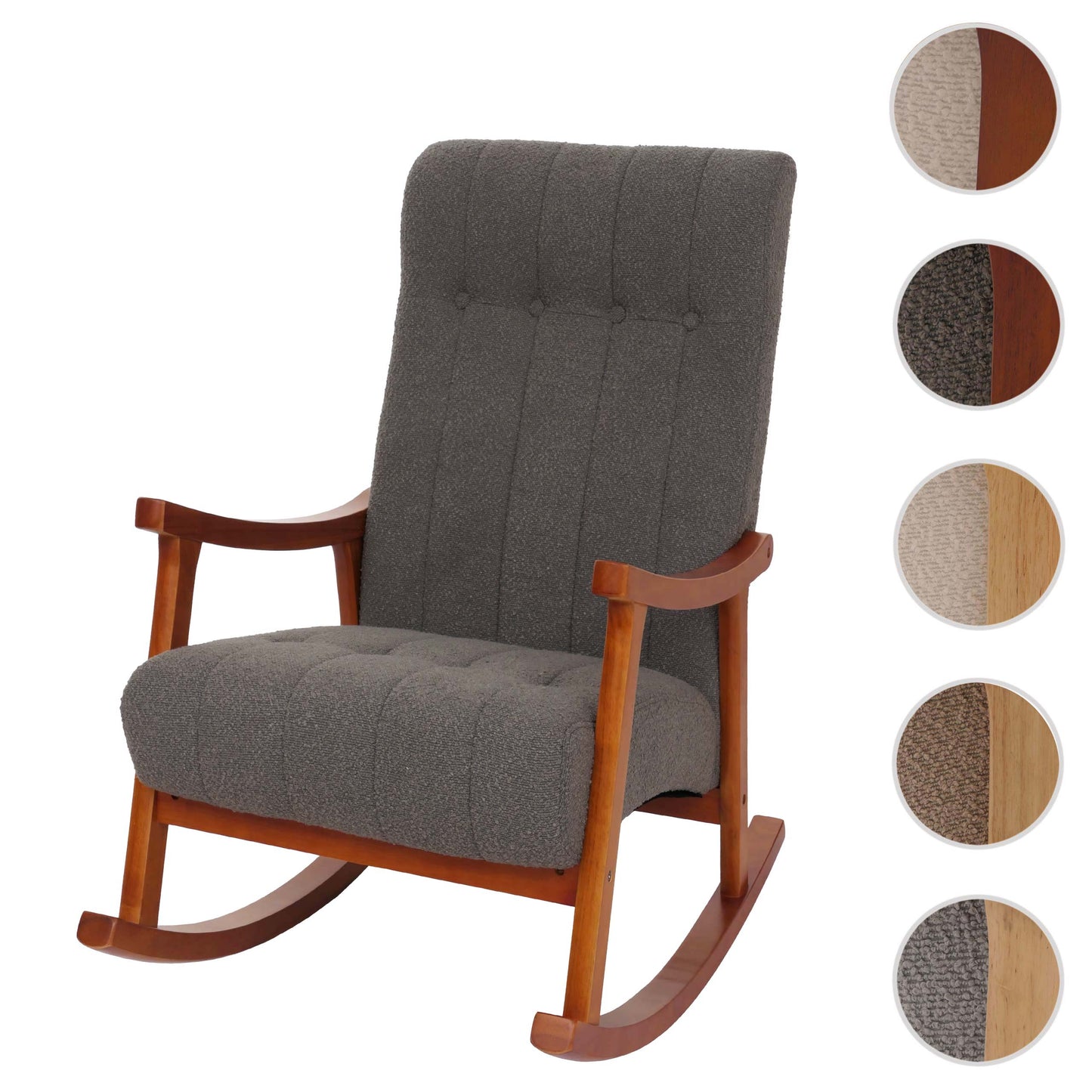 Schommelstoel MCW-K10, relaxfauteuil, hout MVG stof/textiel bouclé (450g/m²) ~ donkergrijs, frame walnoot-look