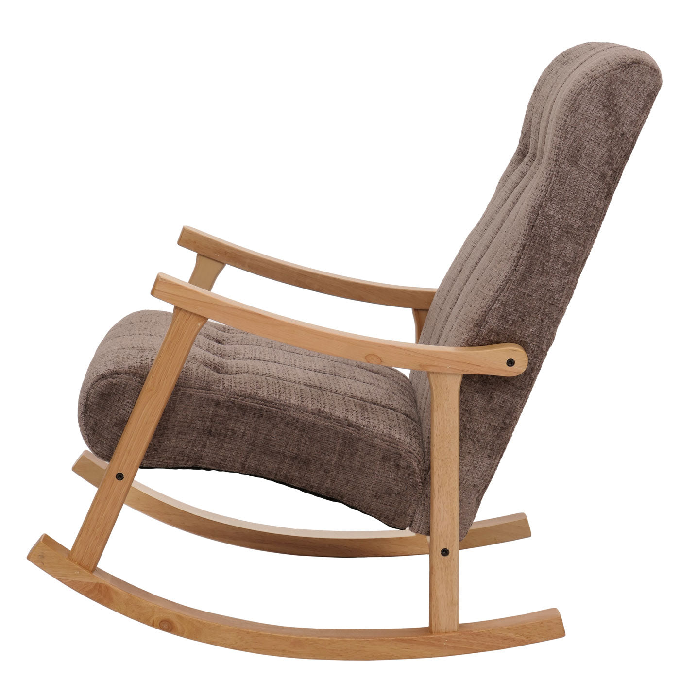 Schommelstoel MCW-K10, relaxfauteuil, hout MVG stof/textiel chenille (465g/m²) ~ bruin, frame naturel