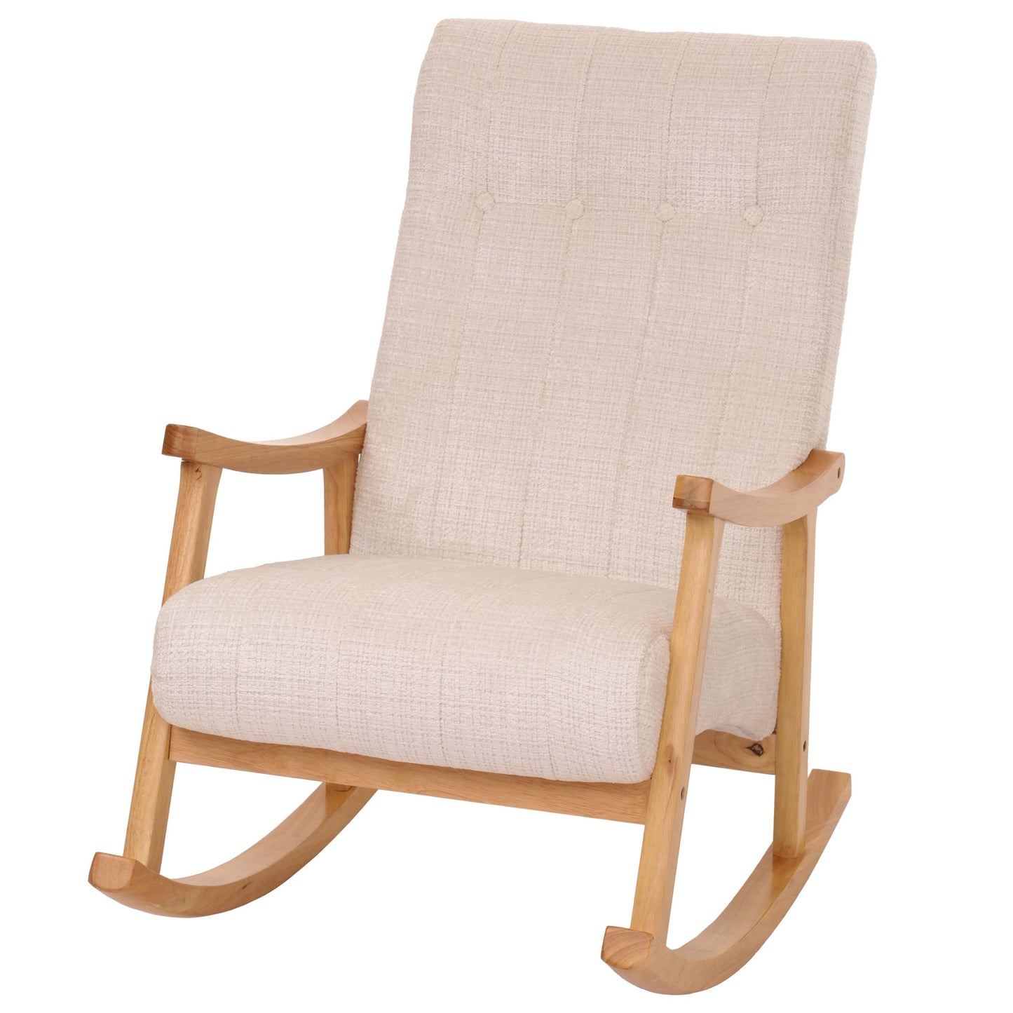 Schommelstoel MCW-K10, relaxfauteuil, hout MVG stof/textiel chenille (465g/m²) ~ crème, frame naturel