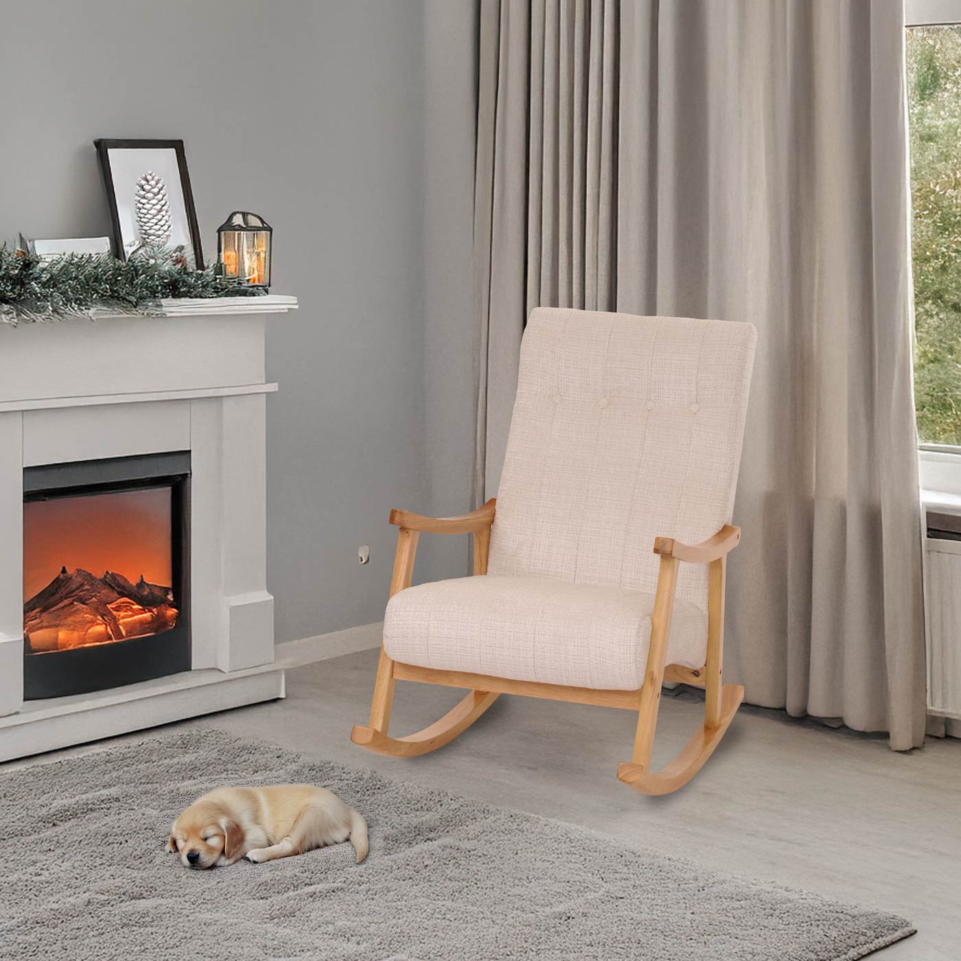 Schommelstoel MCW-K10, relaxfauteuil, hout MVG stof/textiel chenille (465g/m²) ~ crème, frame naturel