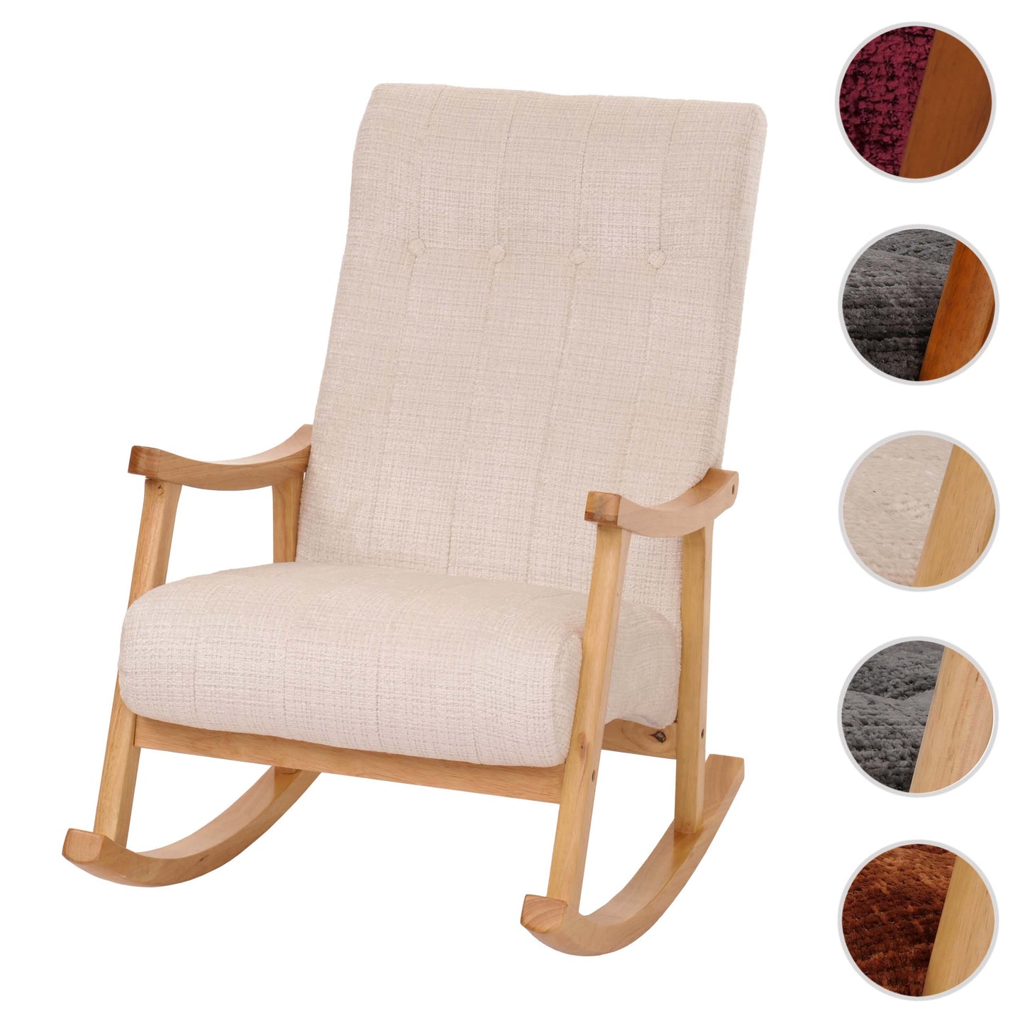 Schommelstoel MCW-K10, relaxfauteuil, hout MVG stof/textiel chenille (465g/m²) ~ crème, frame naturel