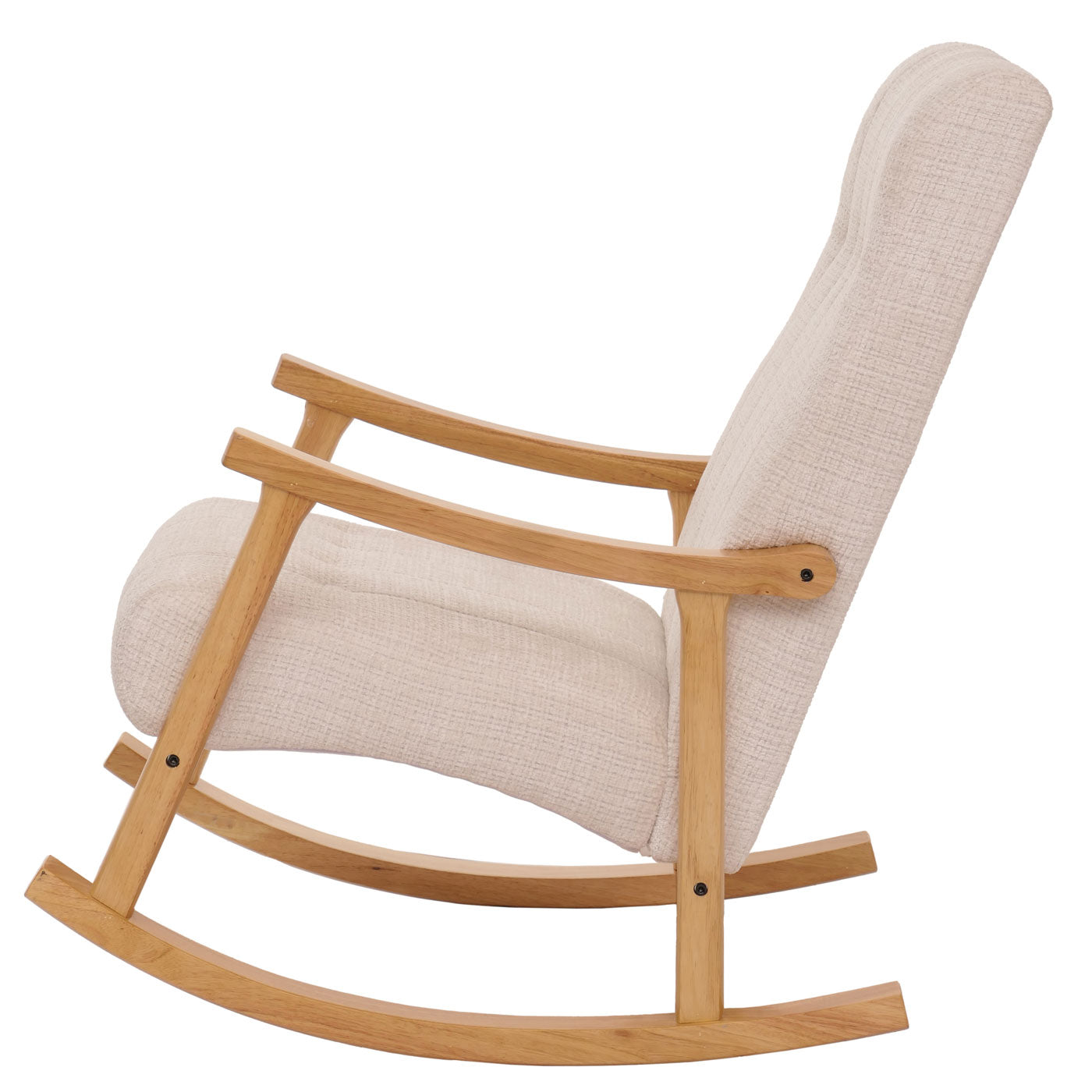Schommelstoel MCW-K10, relaxfauteuil, hout MVG stof/textiel chenille (465g/m²) ~ crème, frame naturel
