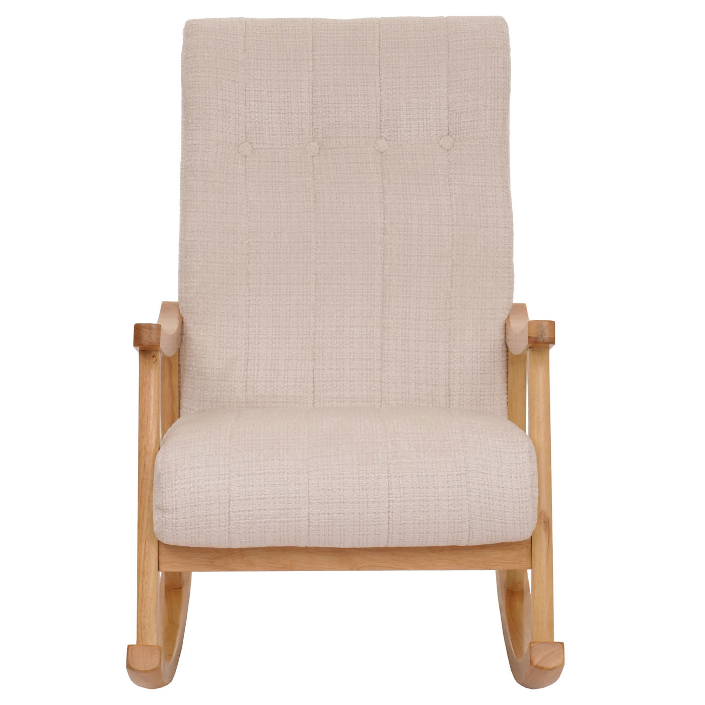 Schommelstoel MCW-K10, relaxfauteuil, hout MVG stof/textiel chenille (465g/m²) ~ crème, frame naturel