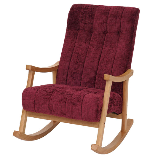 Schommelstoel MCW-K10, relaxfauteuil, hout MVG stof/textiel chenille (465g/m²) ~ bordeaux, frame naturel