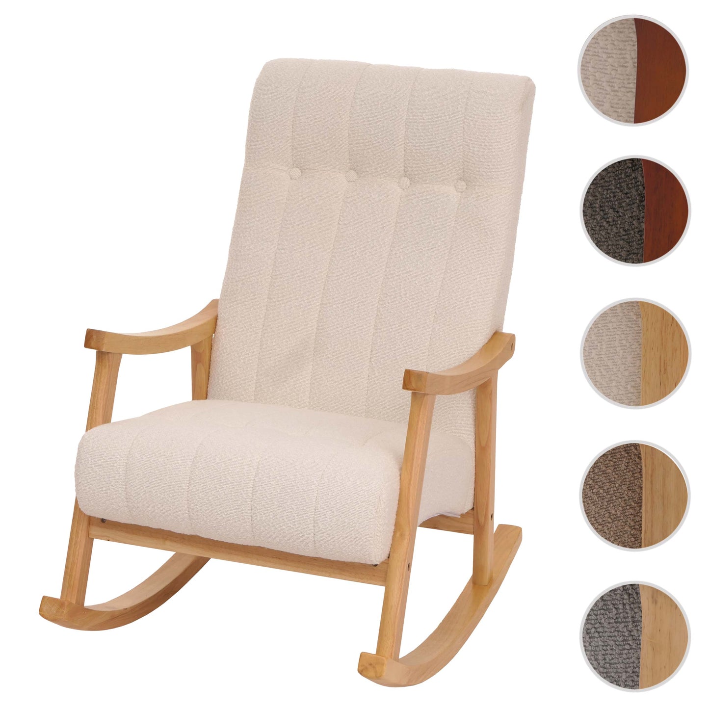 Schommelstoel MCW-K10, relaxfauteuil, hout MVG stof/textiel bouclé (450g/m²) ~ crème, frame naturel