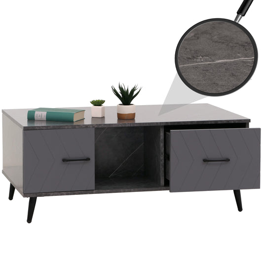 Salontafel MCW-N89, sofatafel, laden deuren vakken visgraatmotief melamine hout, 42x103x60cm ~ marmer look grijs