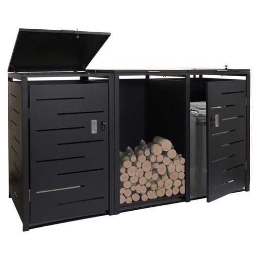 2 afvalemmerbehuizing met brandhoutrek MCW-E83, afvalemmerbox, uittrekbaar 117x198x82cm 80kg ~ antraciet, staal