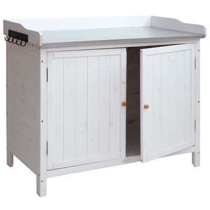 Tuinkast met werkblad MCW-L69, planttafel, outdoor sparrenhout MVG-gecertificeerd 86x104x52cm ~ wit