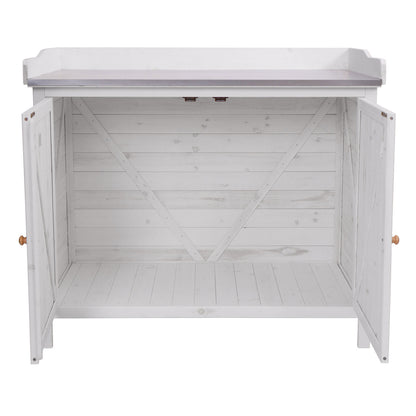 Tuinkast met werkblad MCW-L69, planttafel, outdoor sparrenhout MVG-gecertificeerd 86x104x52cm ~ wit
