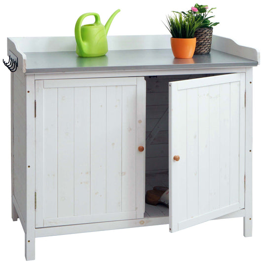 Tuinkast met werkblad MCW-L69, planttafel, outdoor sparrenhout MVG-gecertificeerd 86x104x52cm ~ wit