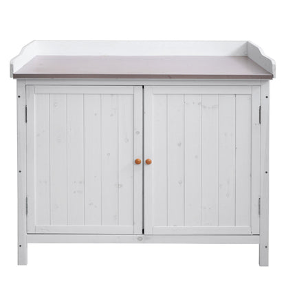 Tuinkast met werkblad MCW-L69, planttafel, outdoor sparrenhout MVG-gecertificeerd 86x104x52cm ~ wit