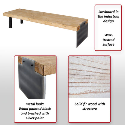 Lowboard MCW-L75, TV-rek TV-tafel, industrieel massief hout MVG-gecertificeerd 40x200x60cm, naturel