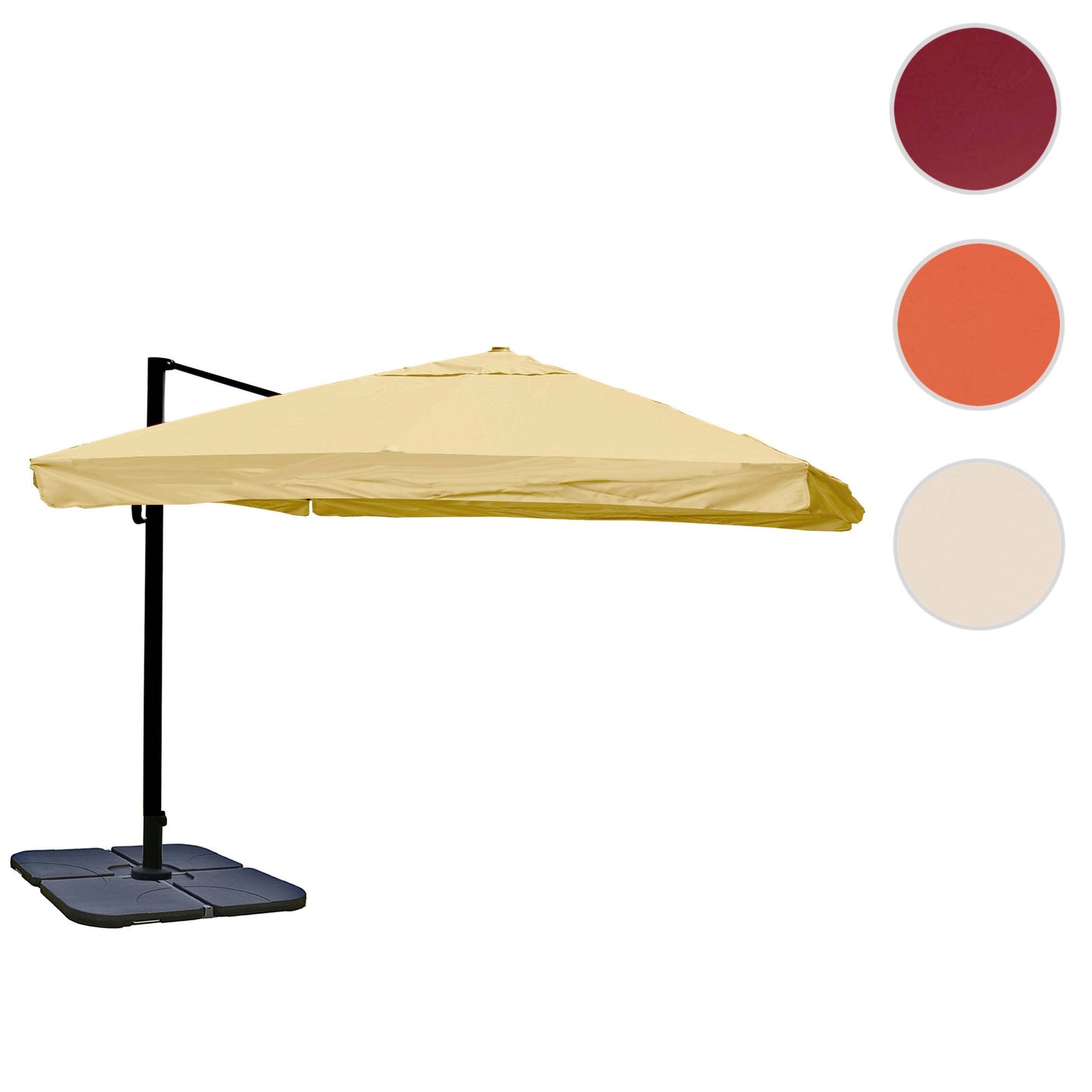 Zweefparasol MCW-A96, horeca, 3x3m (Ø4,24m) polyester aluminium/staal 23kg ~ Flap, crème met voet, draaibaar