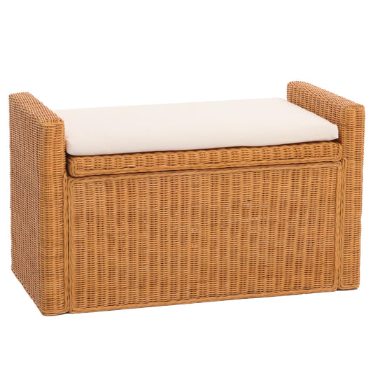 Opbergkist M92, commode bank garderobe bank, kussen Kubu rotan 88cm ~ honingkleurig