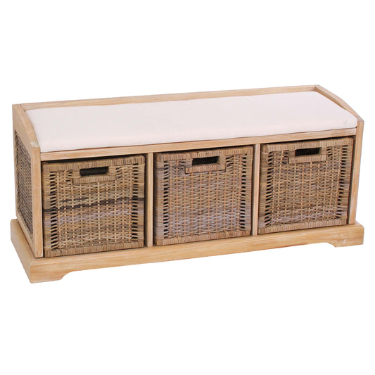 Bienne bank, opbergdoos, 3 manden, Kubu rotan vlechtwerk, 112x46x37cm ~ lichtkleurig
