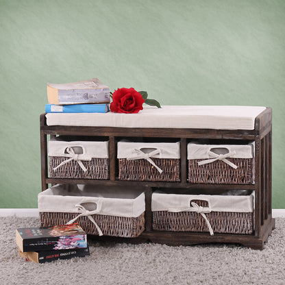 Ladekast en bank met 5 laden, 45x77x36cm, shabby look, vintage ~ bruin