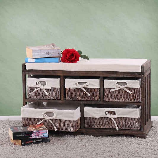 Ladekast en bank met 5 laden, 45x77x36cm, shabby look, vintage ~ bruin