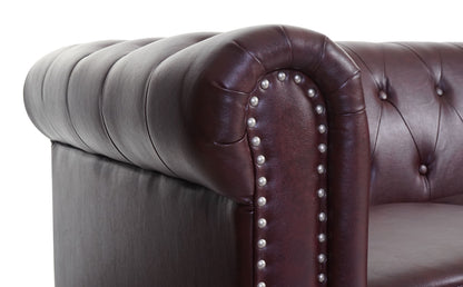 Luxe 3-zits bank loungebank Chesterfield kunstleer ~ hoekige poten, roodbruin