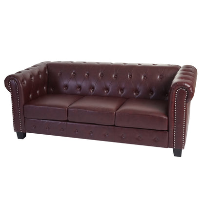 Luxe 3-zits bank loungebank Chesterfield kunstleer ~ hoekige poten, roodbruin
