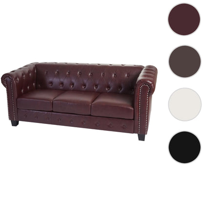 Luxe 3-zits bank loungebank Chesterfield kunstleer ~ hoekige poten, roodbruin