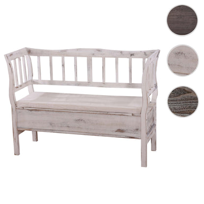 Bank T207, bankkist houten bank opbergkist, opbergvak kussen hout 119cm ~ wit, shabby
