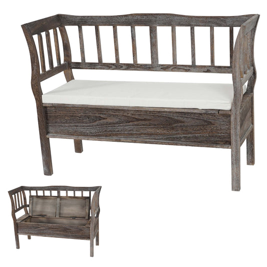 Bank T207, bankkist houten bank opbergkist, opbergvak kussen hout 119cm ~ bruin, shabby