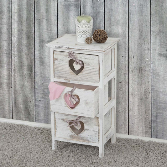 Forli ladekast, kast, 3 laden met hartjes 55x29x25cm, shabby look, vintage ~ wit