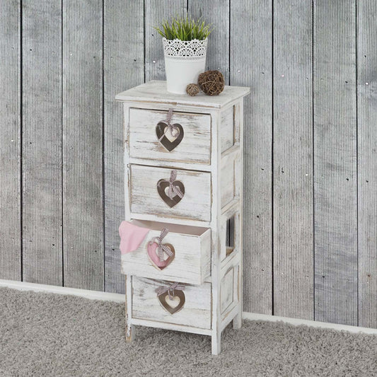 Forli ladekast, kast, 4 laden met hartjes 70x29x25cm, shabby look, vintage ~ wit