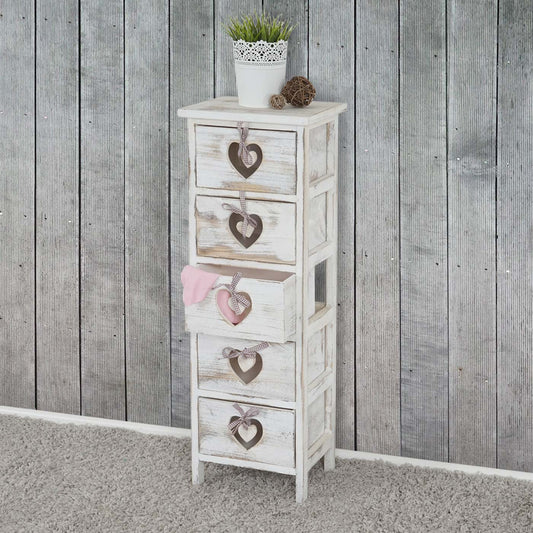 Forli ladekast, kast, 5 laden met hartjes 86x29x25cm, shabby look, vintage ~ wit