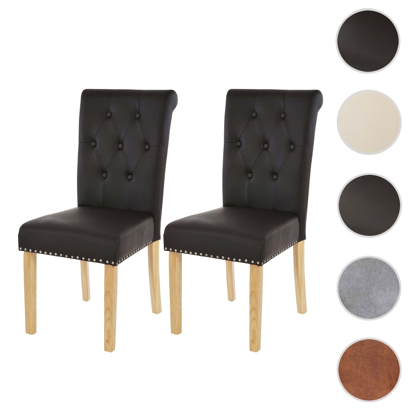 Set van 2 eetkamerstoelen Chesterfield II, keukenstoel, klinknagels ~ kunstleer, koffie, lichtgekleurde poten