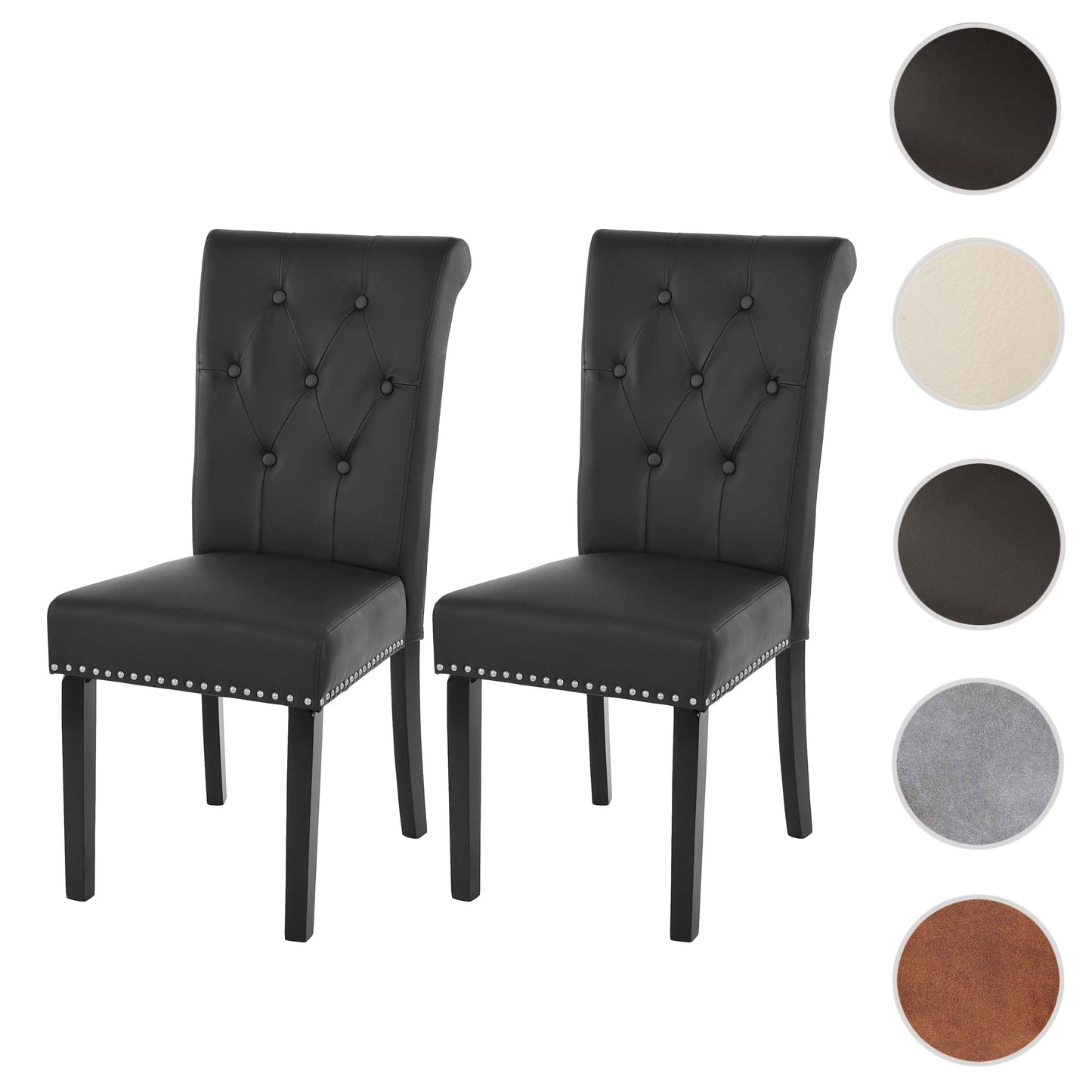Set van 2 eetkamerstoelen Chesterfield II, keukenstoel, klinknagels ~ kunstleer, zwart, donkere poten