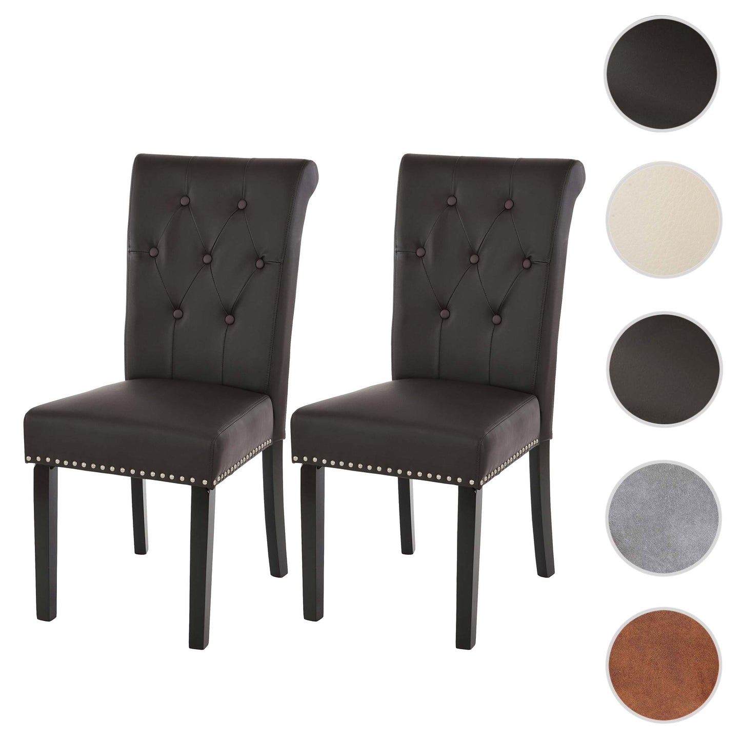 Set van 2 eetkamerstoelen Chesterfield II, keukenstoel, klinknagels ~ kunstleer, koffie, donkere poten