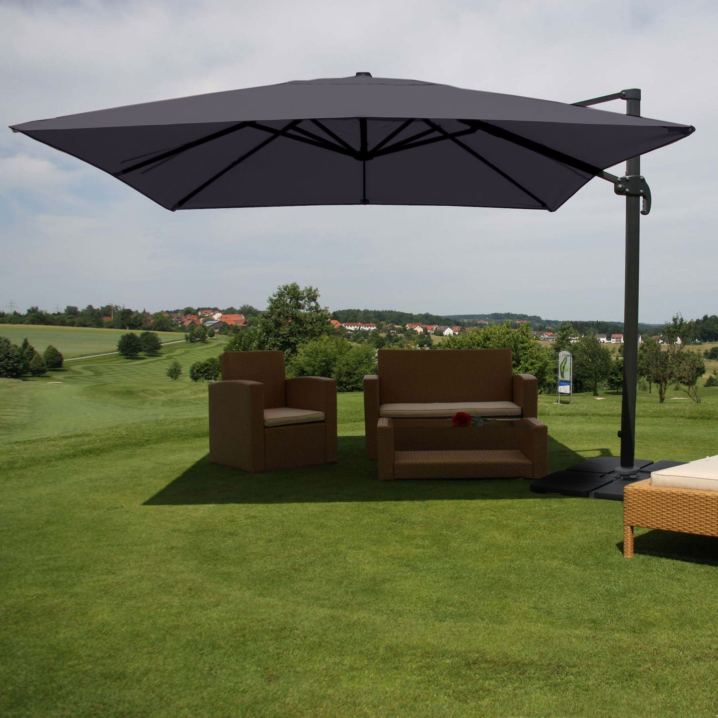 Zweefparasol MCW-A96, parasol, 3x4m (Ø5m) polyester/aluminium 26kg ~ antraciet met standaard, draaibaar