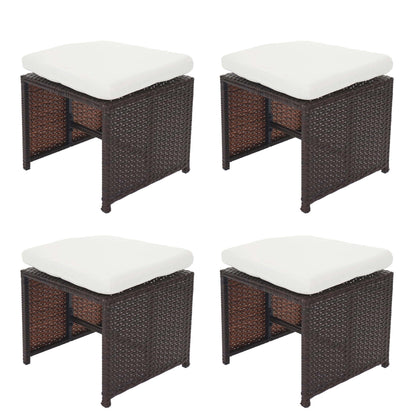 Set van 4 poly rotan krukjes Kreta, tuinkruk zitkruk ~ bruin, kussens crème