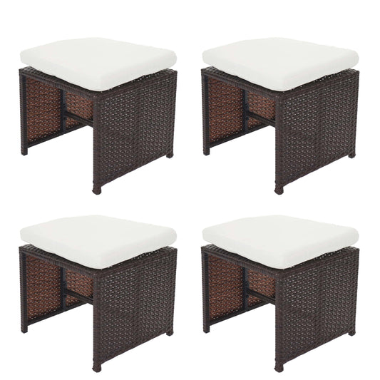 Set van 4 poly rotan krukjes Kreta, tuinkruk zitkruk ~ bruin, kussens crème