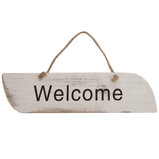 Wandbord Welkom, decoratief houten bord, shabby look 10x43x1cm ~ wit