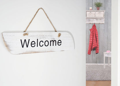 Wandbord Welkom, decoratief houten bord, shabby look 10x43x1cm ~ wit