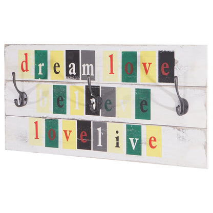 Wandkapstok Love-Life, kapstok paneel, shabby-look vintage met 3 haken 30x60cm