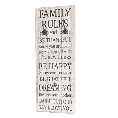 Wandkapstok Family Rules, kapstokpaneel, shabby-look vintage met 3 haken 76x31cm