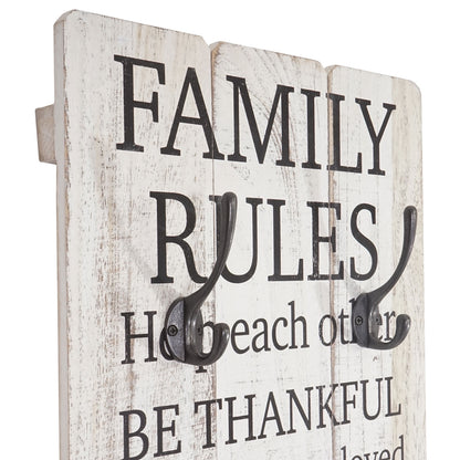 Wandkapstok Family Rules, kapstokpaneel, shabby-look vintage met 3 haken 76x31cm