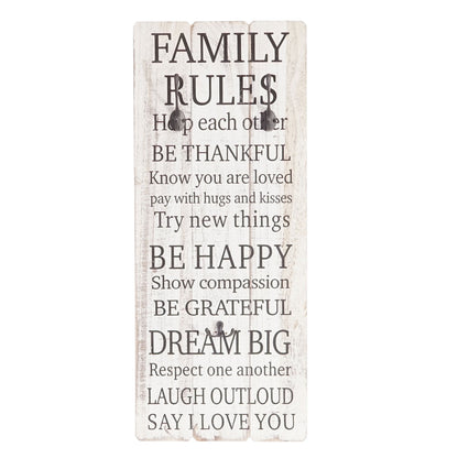 Wandkapstok Family Rules, kapstokpaneel, shabby-look vintage met 3 haken 76x31cm