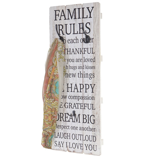 Wandkapstok Family Rules, kapstokpaneel, shabby-look vintage met 3 haken 76x31cm